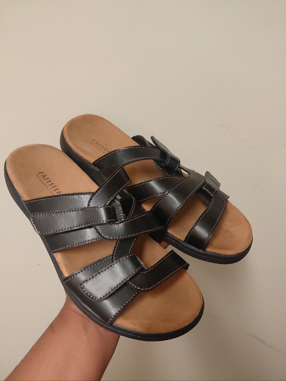 Lazy Step Women's Brown Velcro Leather Comfortable Slides Sandals Size 10
